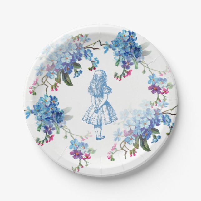 Alice in Wonderland Blue Floral Paper Plate (Front)