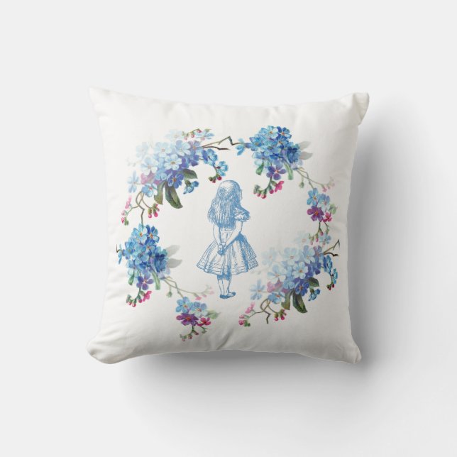Alice in Wonderland Blue Floral Throw Pillow (Front)