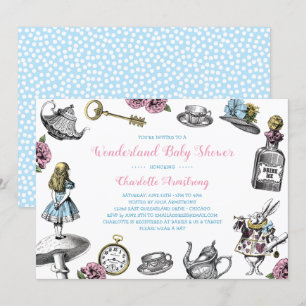 Alice in Wonderland Blue Polka Dot Baby Shower Invitation