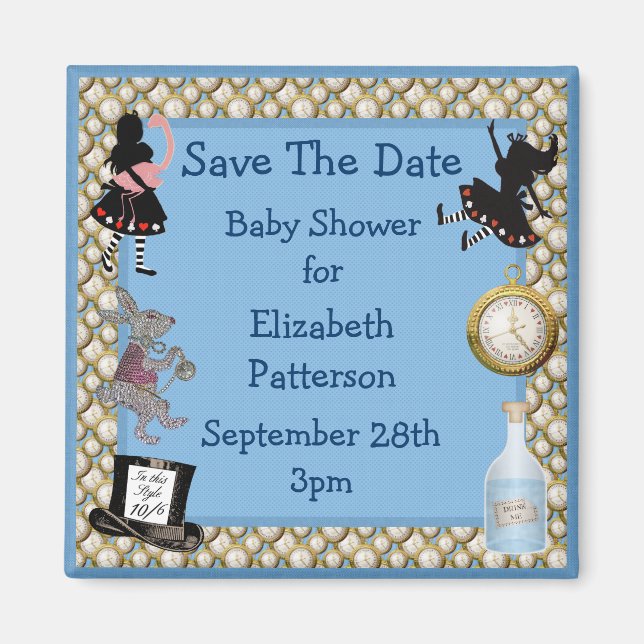 Alice in Wonderland Blue Save The Date Baby Shower Magnet (Front)