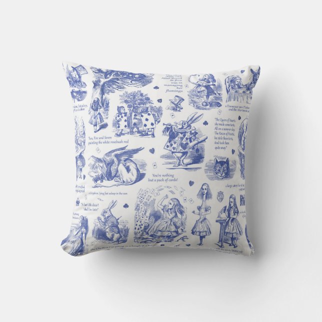 Alice in Wonderland Blue Toile Quotes Cushion (Front)