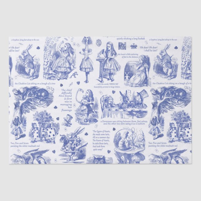 Alice in Wonderland Blue Toile Quotes Tissue Paper (Front)