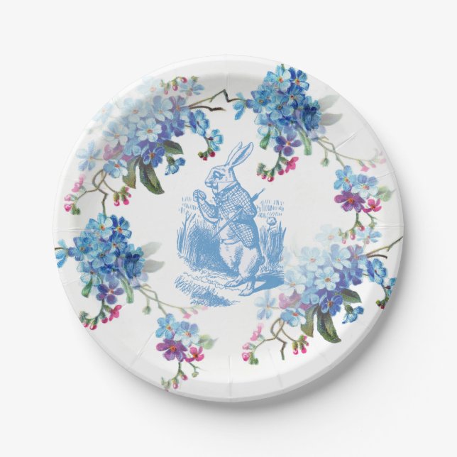 Alice in Wonderland Blue White Rabbit Paper Plate (Front)