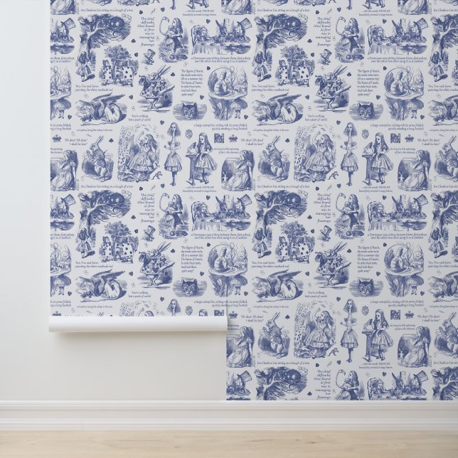 Alice in Wonderland Blue White Toile Nursery Wallpaper (Application)