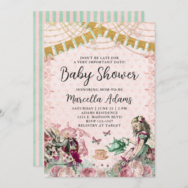 Alice in Wonderland Blush & Mint Baby Shower Invitation (Front/Back)
