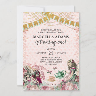 Alice In Wonderland Blush & Mint Birthday Invitation