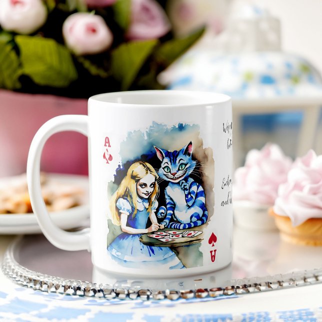 Alice in wonderland bridal party gifts coffee mug (Alice in wonderland bridal tea party gifts personalized coffee mug Cheshire cat Alice playing cards )