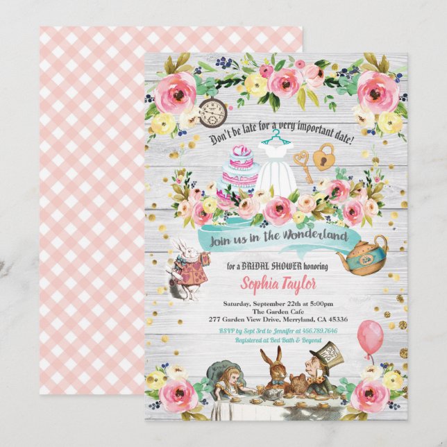 Alice in Wonderland bridal shower invitation (Front/Back)