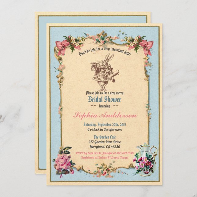 Alice in Wonderland bridal shower invitation blue (Front/Back)
