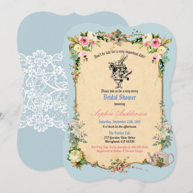 Alice in Wonderland bridal shower invitation blue (Front/Back)
