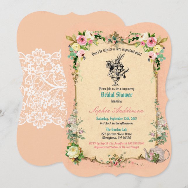 Alice in Wonderland bridal shower invitation pink (Front/Back)