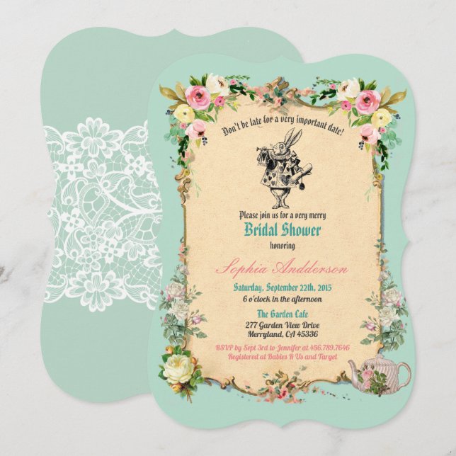 Alice in Wonderland bridal shower invitation teal (Front/Back)