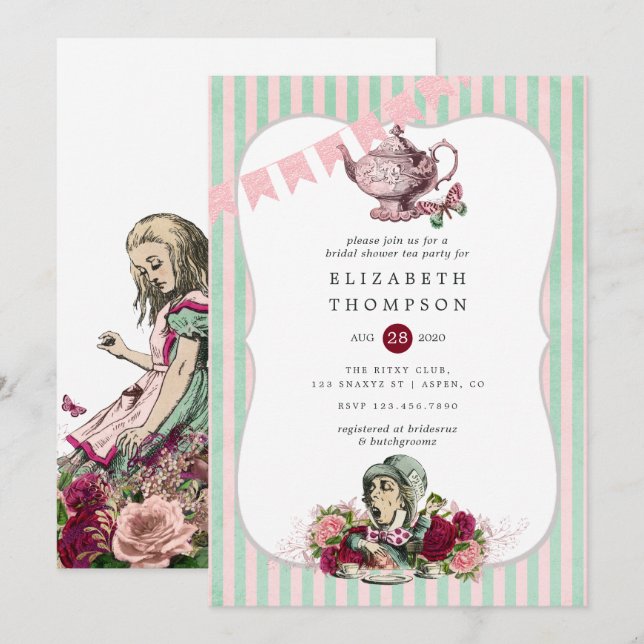 Alice In Wonderland Bridal Shower Tea Party Invitation (Front/Back)