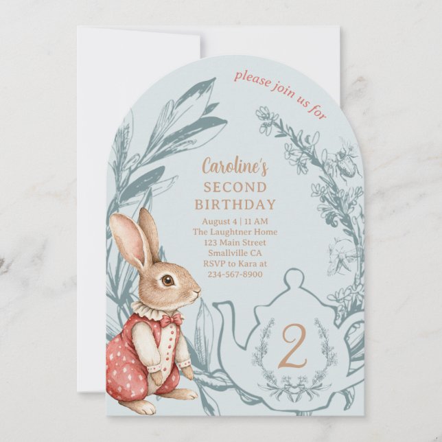 Alice in Wonderland Bunny Tea Second Birthday  Invitation (Front)