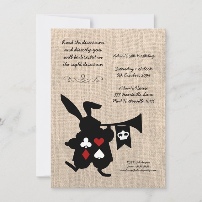 Alice in Wonderland Burlap Tea Party Birthday Invitation (Front)