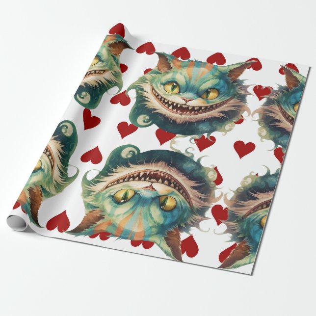 Alice In Wonderland Cat and Hearts Theme Wrapping Paper (Unrolled)