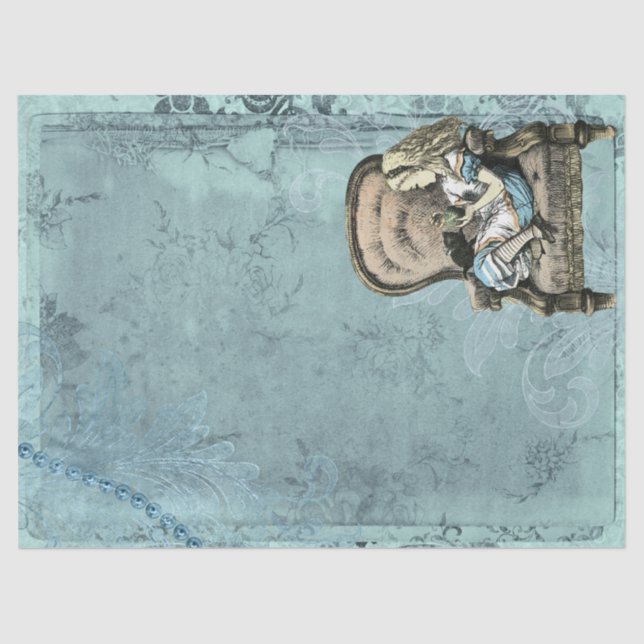 Alice in Wonderland Chair and Kitten Blue Craft Tissue Paper (Front)