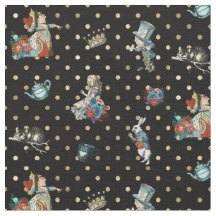 Alice in Wonderland Characters on Black Gold Dots Fabric
