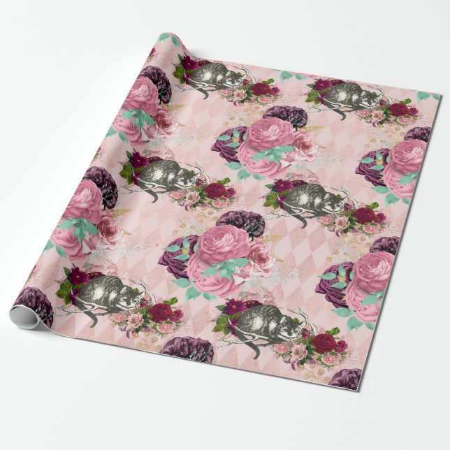 Alice in Wonderland Cheshire Cat Pink Wrapping Paper (Unrolled)