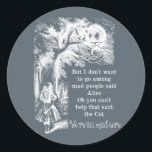 Alice in Wonderland; Cheshire Cat with Alice Classic Round Sticker<br><div class="desc">Alice in Wonderland bookplate stickers. Vintage illustration fairy tales and nursery rhymes image of Alice with the Cheshire Cat by John Tenniel in Lewis Carroll's Alice's Adventures in Wonderland, 1865, a text-designed dialogue included "We are all mad here":) YOUR CHOICE OF BACKGROUND COLOR. You can easily change the background colour...</div>