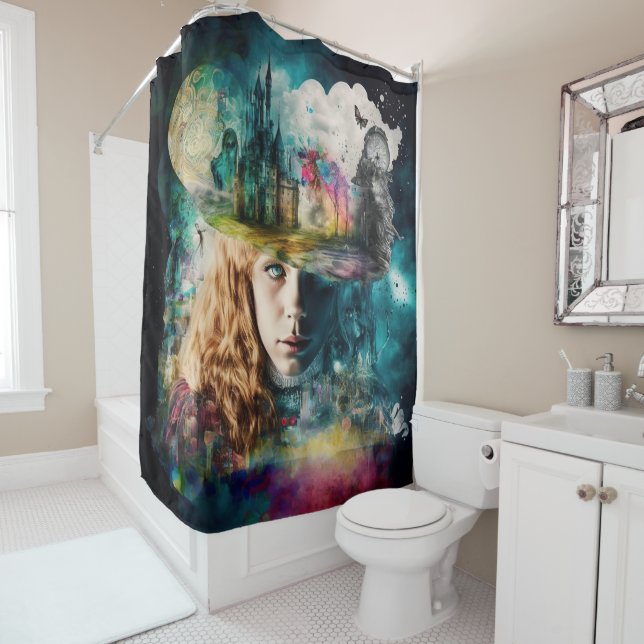 Alice in Wonderland | Clock and City Skyline Shower Curtain (In Situ)