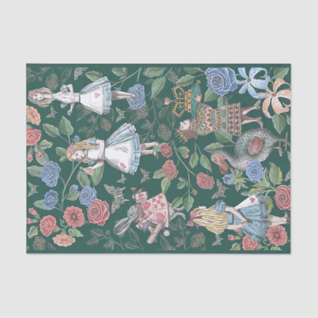 Alice In Wonderland Collage Decoupage Green Tissue Paper (Front)