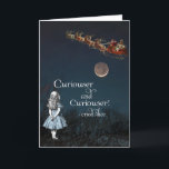 Alice in Wonderland Curiouser Santa Christmas Card<br><div class="desc">Alice from the children's book Alice in Wonderland looks up into the blue night sky at a vintage Santa and his sleigh full of toys, along with her quotation from the book "Curiouser and curiouser, cried Alice!" and a lovely moon to make this magical and fun Christmas card. The inside...</div>