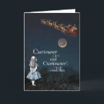 Alice in Wonderland Curiouser Santa Christmas Card<br><div class="desc">Alice from the children's book Alice in Wonderland looks up into the blue night sky at a vintage Santa and his sleigh full of toys, along with her quotation from the book "Curiouser and curiouser, cried Alice!" and a lovely moon to make this magical and fun Christmas card. The inside...</div>