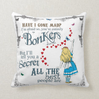 Alice in Wonderland Cushion with mad hatter quote