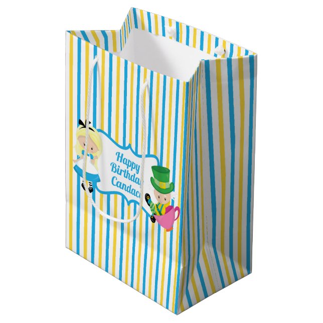 Alice in Wonderland Cute Personalised Kid Birthday Medium Gift Bag (Front Angled)