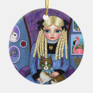 Alice in Wonderland & Dinah Cat Cute Fairy Tale Ceramic Tree Decoration