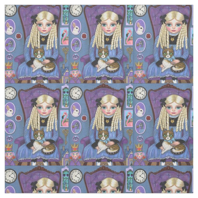 Alice in Wonderland & Dinah Cat Cute Fairy Tale Fabric (Swatch)