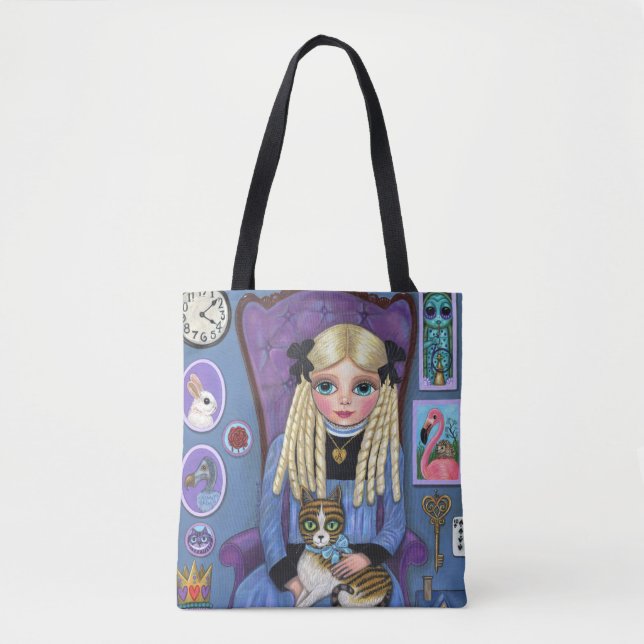Alice in Wonderland & Dinah Cat Cute Fairy Tale Tote Bag (Front)
