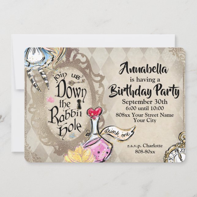 Alice in Wonderland Down the Rabbit Hole Party Invitation (Front)