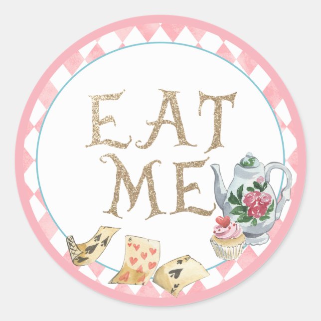 Alice in Wonderland Eat Me Circle Sticker Birthday (Front)