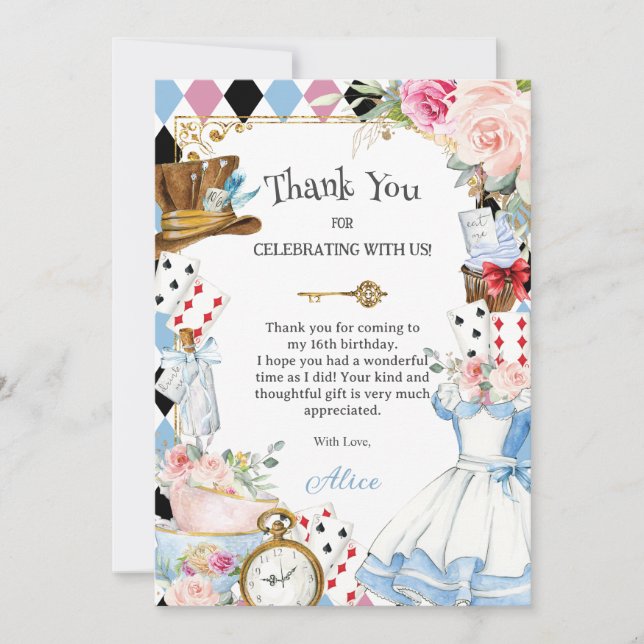 Alice in Wonderland Floral Birthday Tea Party Thank You Card (Front)