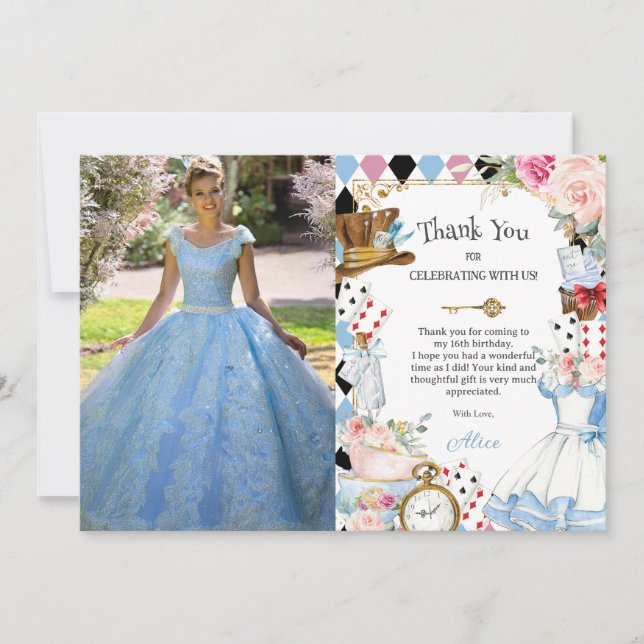 Alice in Wonderland Floral Birthday Tea Photo Thank You Card (Front)