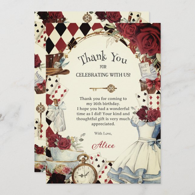 Alice in Wonderland Floral Bridal Shower Tea Party Thank You Card (Front/Back)