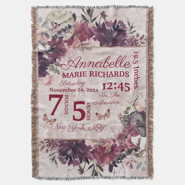 Alice in Wonderland Floral Custom Baby Birth Stats Throw Blanket (Front Vertical)