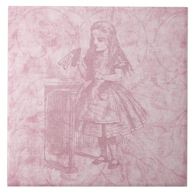 Alice in Wonderland Floral Pink Alice with Bottle Tile (Front)