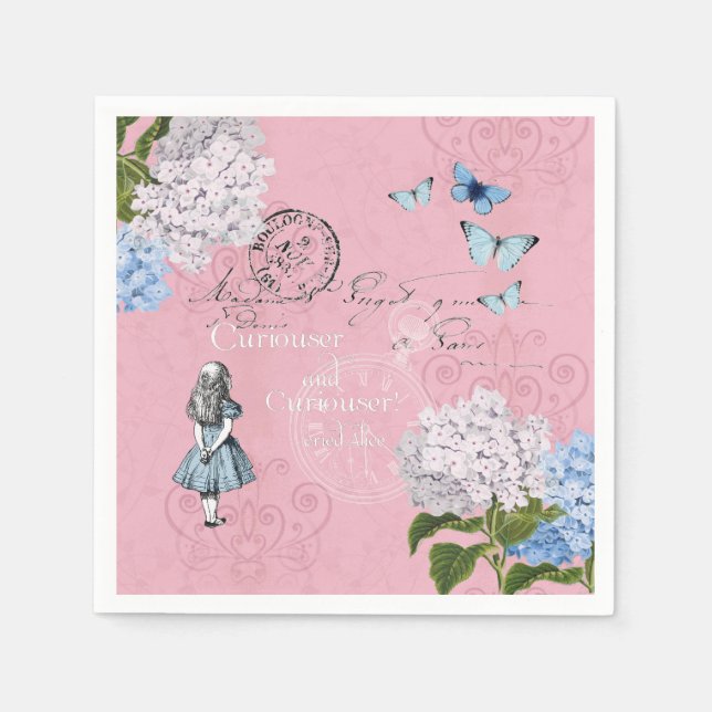 Alice in Wonderland Floral Pink Blue Paper Napkins (Front)