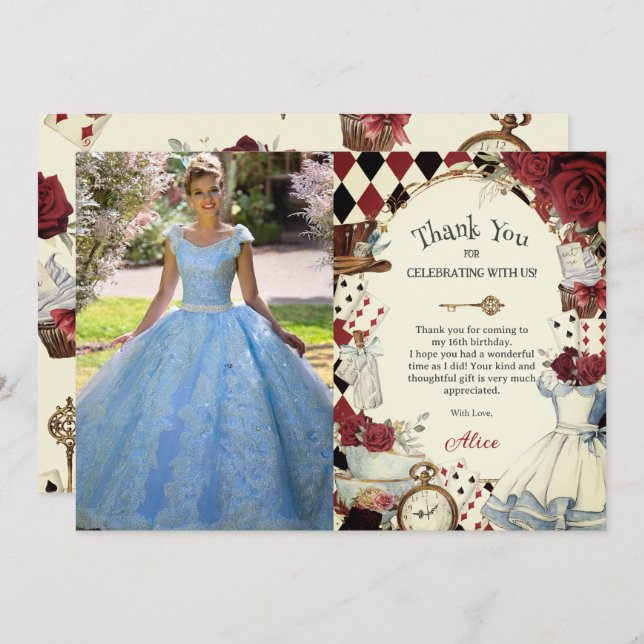 Alice in Wonderland Floral Sweet 16 Bridal Photo Thank You Card (Front/Back)