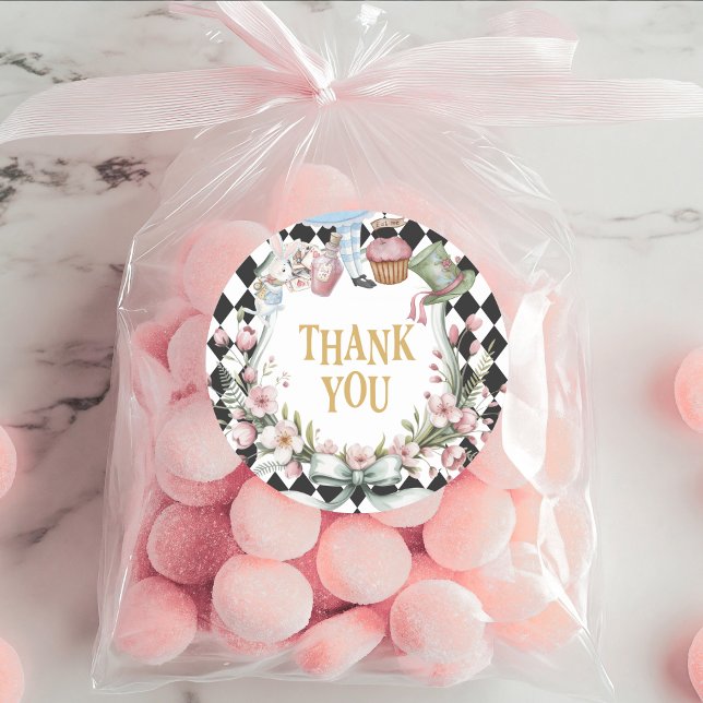 Alice in Wonderland Flower 1st birthday Thank You Classic Round Sticker (Creator Uploaded)