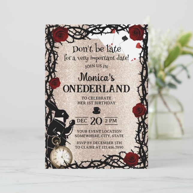 Alice in Wonderland Girl 1st Birthday Gold Glitter Invitation (Standing Front)