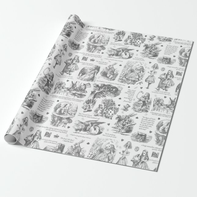 Alice in Wonderland Grey Toile Quotes Wrapping Paper (Unrolled)