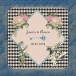 Alice in Wonderland Harlequin Black Blue Wedding Square Paper Coaster<br><div class="desc">If you're a fan of Alice in Wonderland, why not make it a wedding theme! This design features a black and blush peach "harlequin" diamond pattern, vintage pink mauve and peach roses, the mad hatter, and a rabbit for your special day. Make sure to add your names and wedding date....</div>