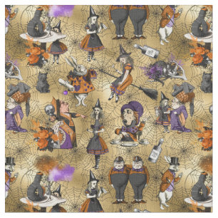 Alice in Wonderland in Halloween Theme Cobweb Gold Fabric