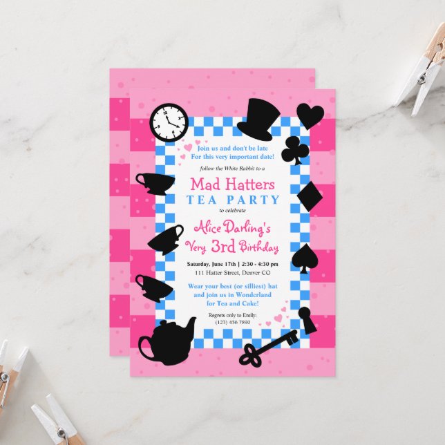 Alice in Wonderland Mad Hatter Birthday Invitation (Front/Back In Situ)