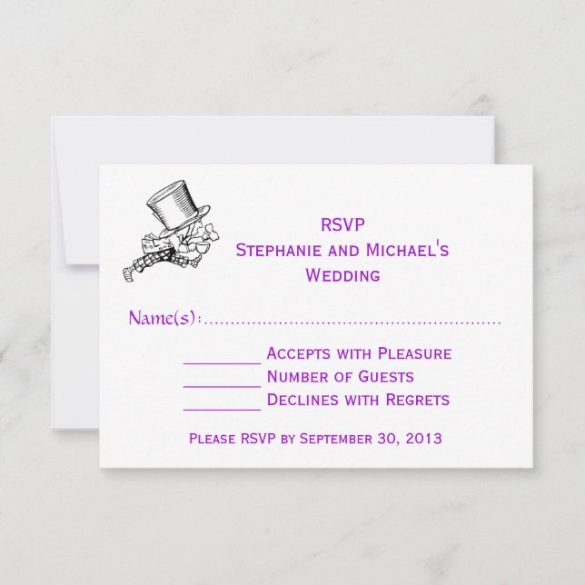 Alice In Wonderland Mad Hatter Wedding RSVP Purple (Front)