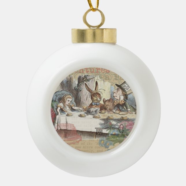 Alice in Wonderland Mad Tea Party Art Ceramic Ball Christmas Ornament (Front)